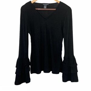 Chelsea & Theodore Womens Small V-Neck Tiered Bell Sleeve Shirt Black - Sz S